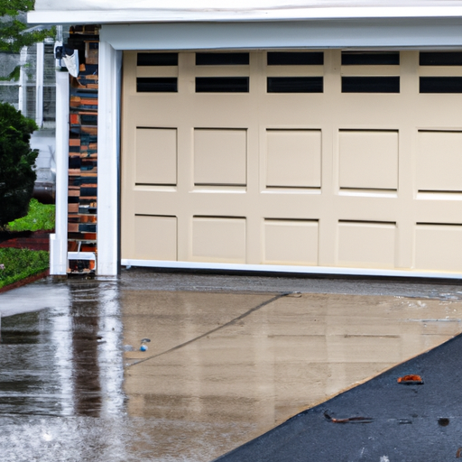 Residential garage door on a Bedminster, NJ home on a wet driveway at dusk; door and trim clearly visible.