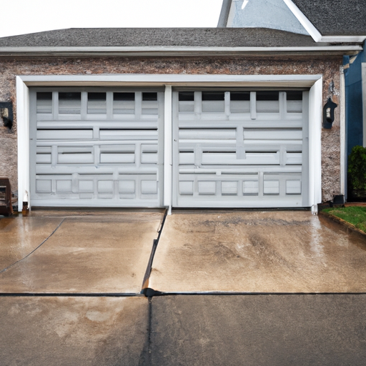 Residential sectional garage door on a brick home in Bedminster, NJ on a wet late-afternoon street; hardware and tracks visible.