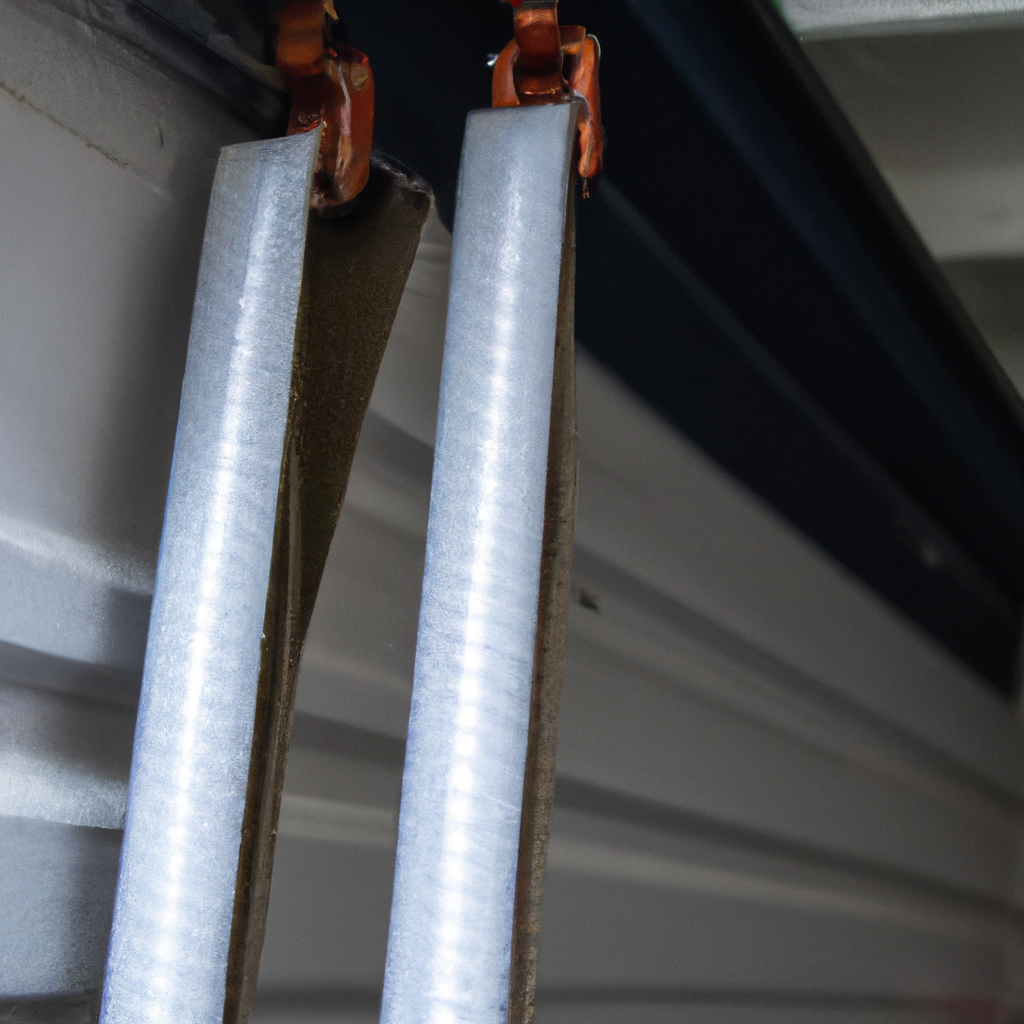 Close-up of a metal garage door hinge and rollers lightly coated with lubricant on a clean garage door track
