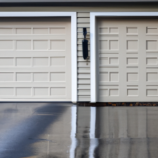 Suburban Bedminster driveway with a closed sectional garage door, visible tracks and rollers, early morning light.