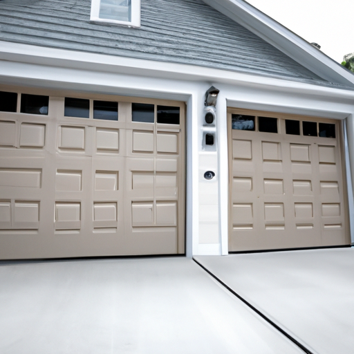 Suburban Bedminster, NJ home with a modern sectional garage door and visible smart system components, daytime wide view.
