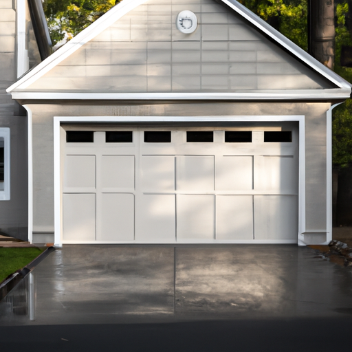 Suburban Bedminster garage with insulated sectional door slightly open on a wet driveway, evening light