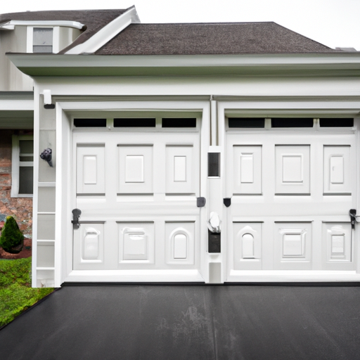 Editorial photo of a modern garage door on a suburban Bedminster, NJ home with driveway and lawn visible.