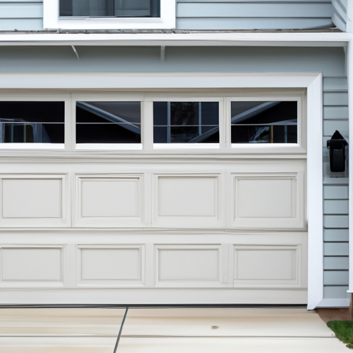 Suburban Bedminster residential garage door on a two-car house, overcast day, door panels and weatherstripping visible.
