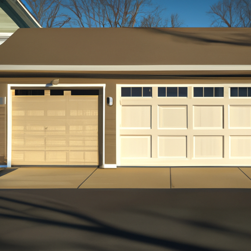 Suburban Bedminster garage with modern sectional door closed, showing panels and weather seals, late afternoon light.
