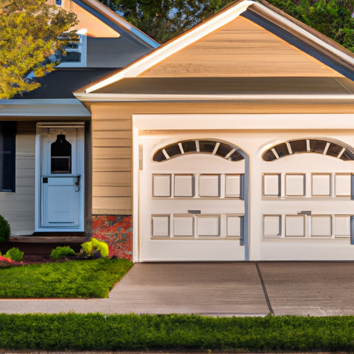 Suburban Bedminster house with closed two-car garage door and visible weather seal in late afternoon light