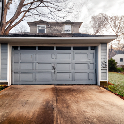 Suburban Bedminster garage with closed metal sectional door, early morning light and light frost on lawn.