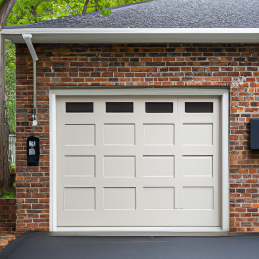 Editorial photo of a suburban garage door in Bedminster, NJ showing a smart keypad and tidy driveway.