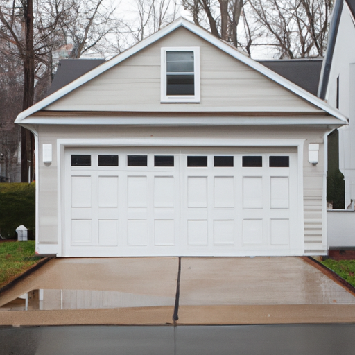 Suburban Bedminster home with a closed white garage door on a wet driveway at dawn.