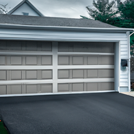 Suburban Bedminster, NJ garage with modern steel door partially open; opener unit and tracks visible, driveway in view.
