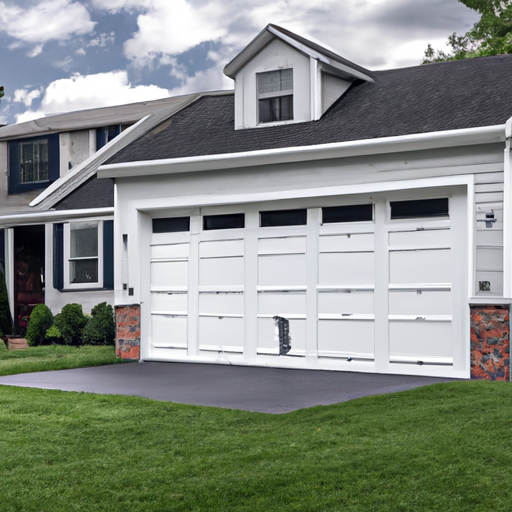 Suburban Bedminster home with a closed residential garage door and visible track hardware on a clear day.