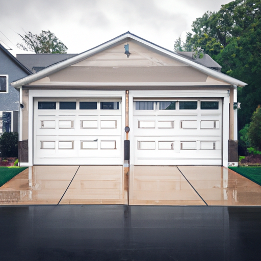 Suburban Bedminster home with a sectional garage door slightly open on a wet driveway after rain.