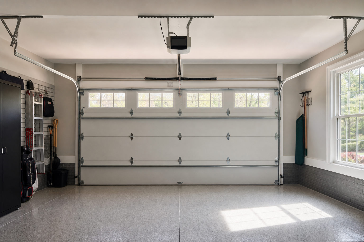 Wide view of a suburban garage door in Bedminster, NJ with a clean, quiet repair setting